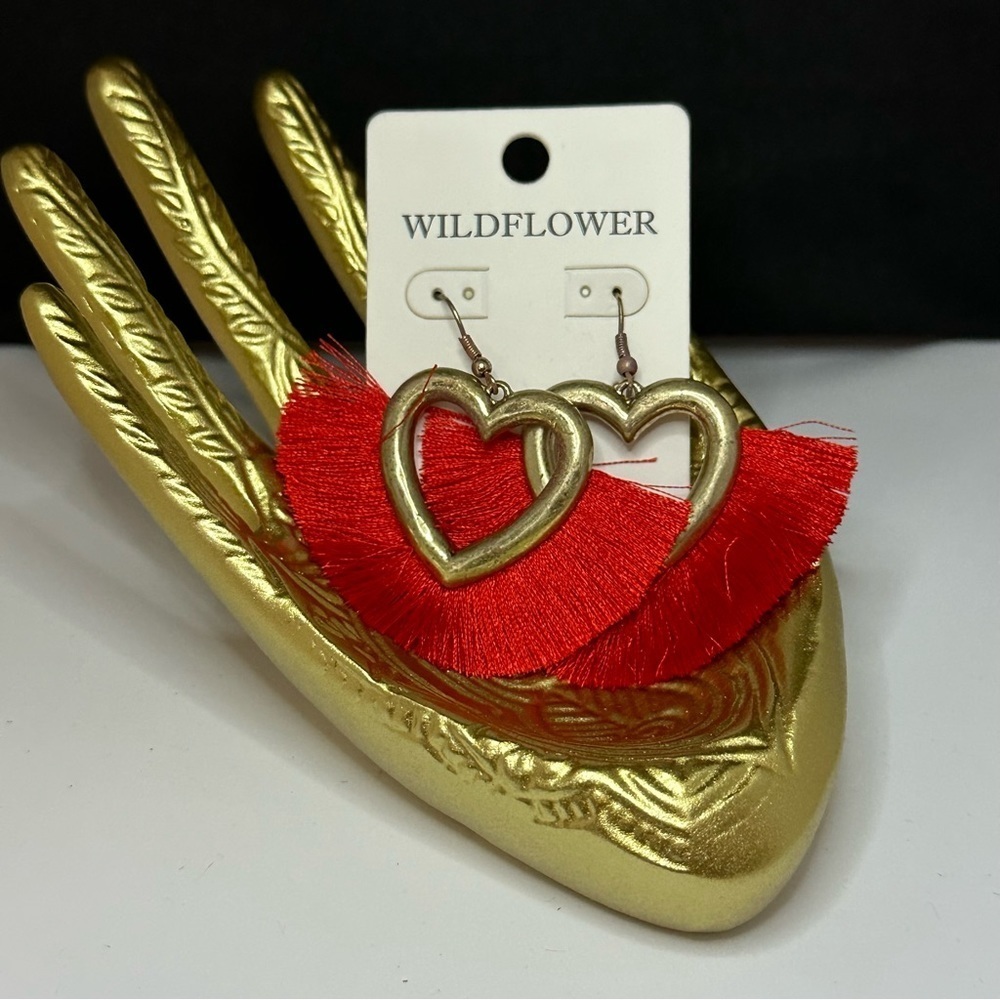 5/$20 heart shaped red fringe earrings
